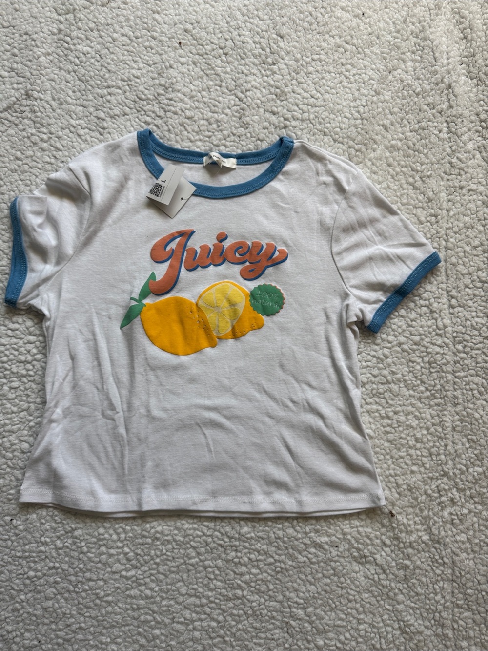 White Short Sleeve Ringer Tee with Blue Trim & Lemon Graphic